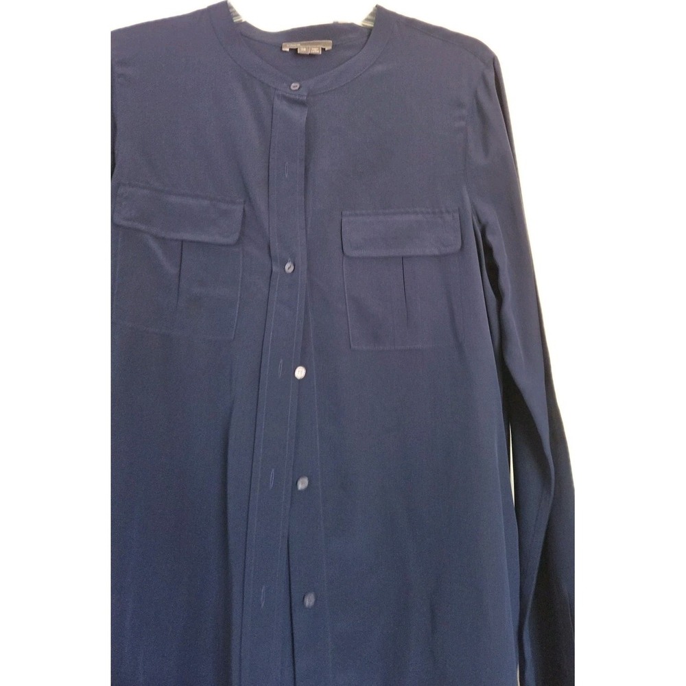Vince Mandarin Collar Navy 100% Silk Button Down Up Blouse Large 12
